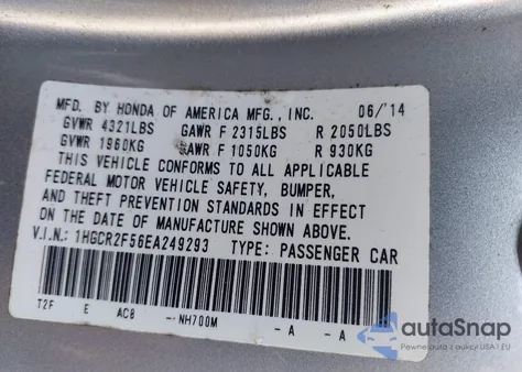 2014 Honda Accord Sport from USA, damaged, VIN 1HGCR2F56EA249293